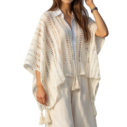 Damen luftiger Strickponcho mit Fransen Merchesia