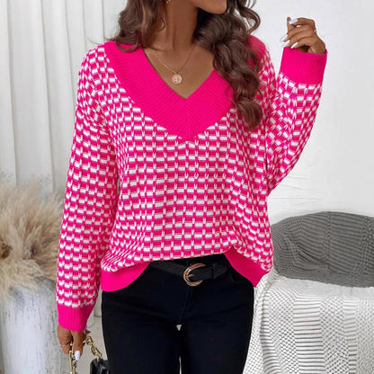 Damen Strickpullover mit V-Ausschnitt und modernem Karomuster Merchesia