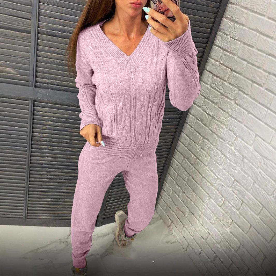 Damen gemütlicher Strickanzug mit V-Ausschnitt und Zopfdesign Merchesia