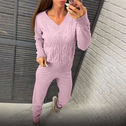 Damen gemütlicher Strickanzug mit V-Ausschnitt und Zopfdesign Merchesia