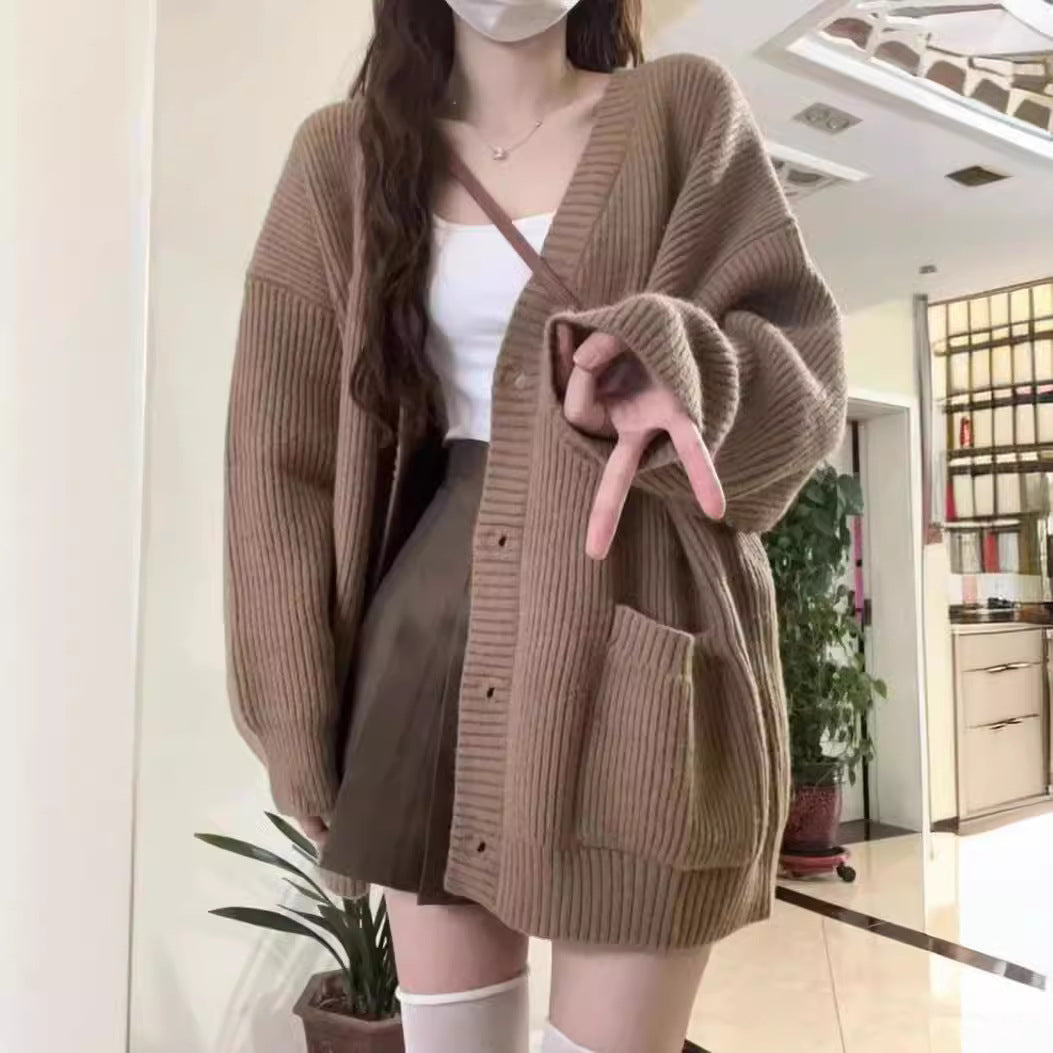 Damen Großer Strickcardigan mit praktischen Taschen und tiefem V-Ausschnitt Merchesia