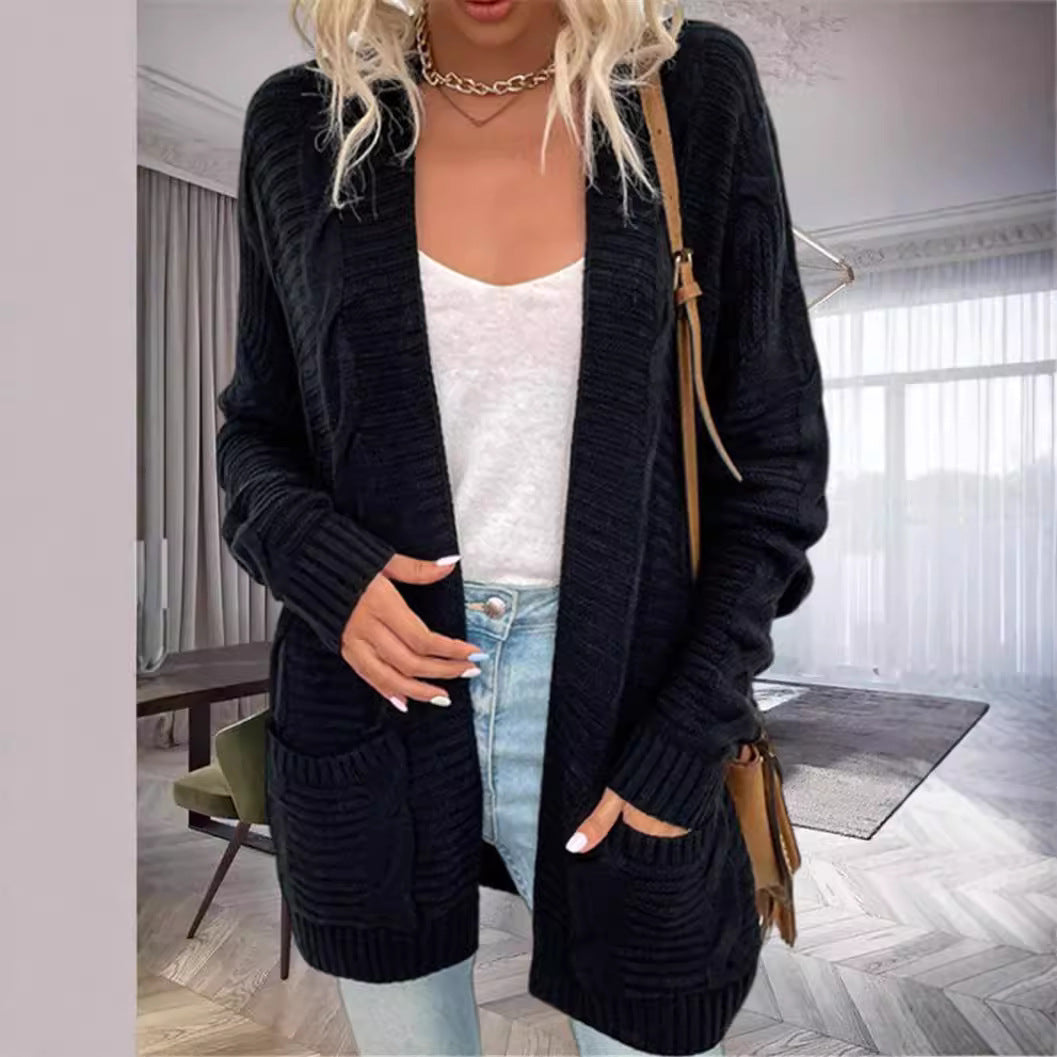 Damen Grobstrickcardigan mit seitlichen Taschen und feinem Muster Merchesia