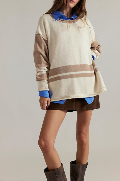 Damen lässiger Sportpullover mit kontrastierenden Ärmel- und Streifenmustern Merchesia