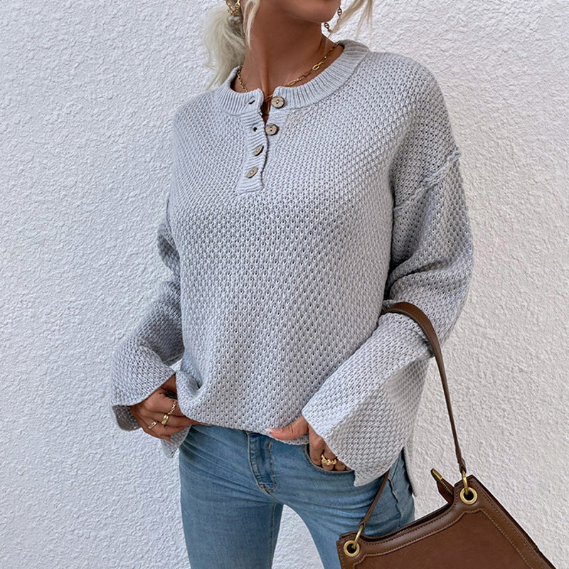 Damen gemütlicher Strickpullover mit Knopfleiste und breiten Ärmeln Merchesia
