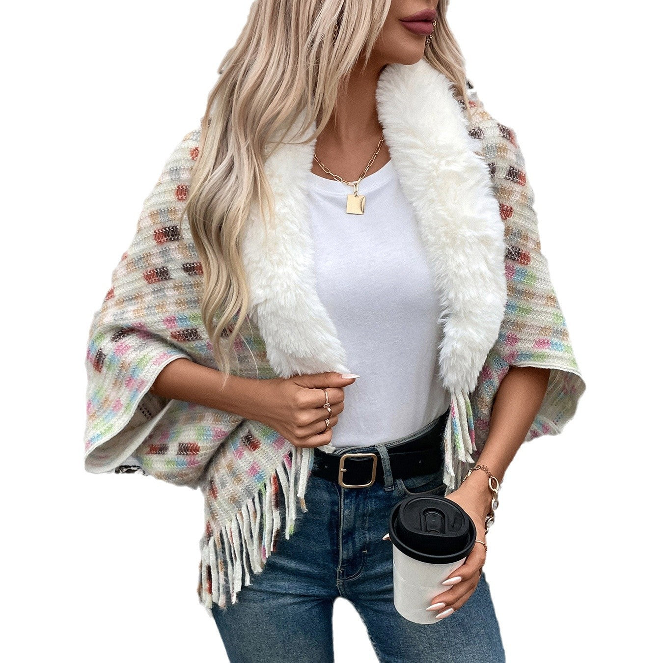 Damen eleganter Poncho mit luxuriösem Kunstfellkragen und Fransen Merchesia