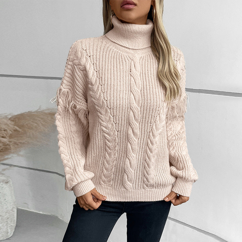 Damen Strickpullover mit hohem Kragen und Zopfmuster Merchesia