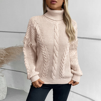 Damen Strickpullover mit hohem Kragen und Zopfmuster Merchesia