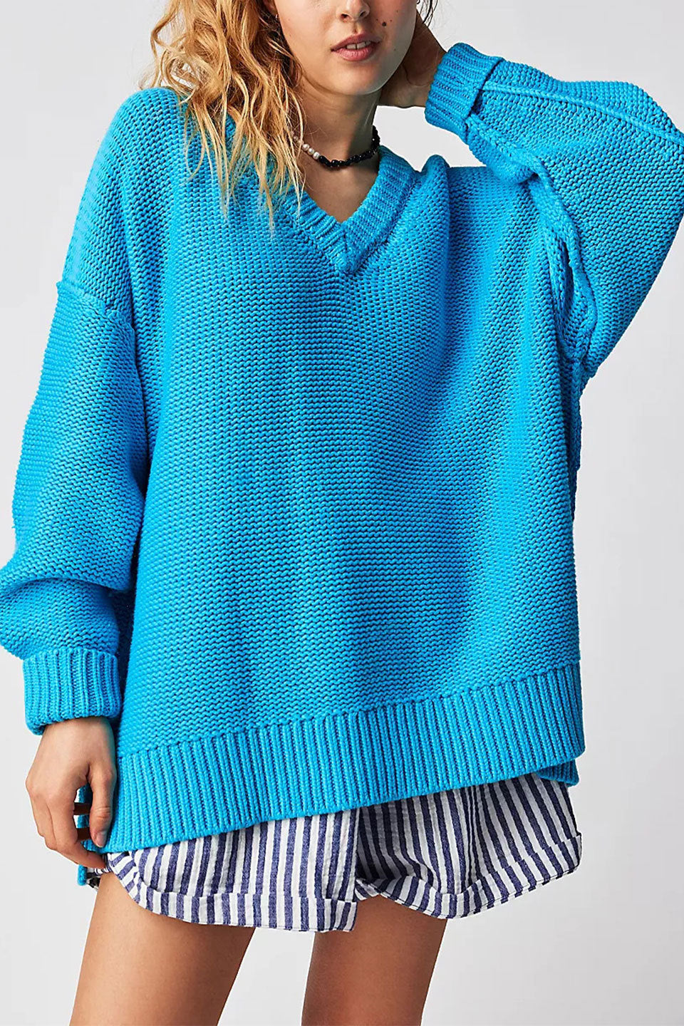 Damen V-Ausschnitt Oversized Pullover mit strukturiertem Strickmuster Merchesia