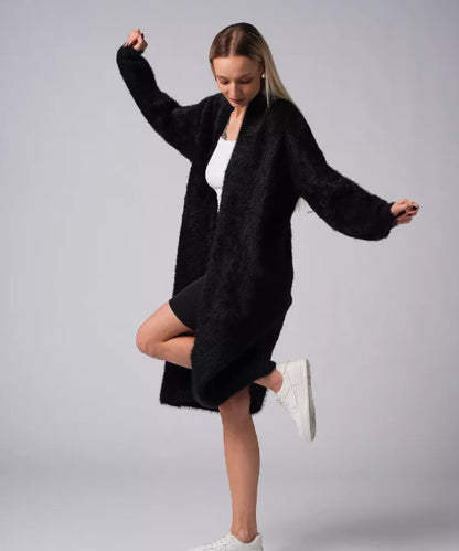 Damen Langer Flauschiger Cardigan mit offenem Schnitt und überschnittenen Ärmeln Merchesia