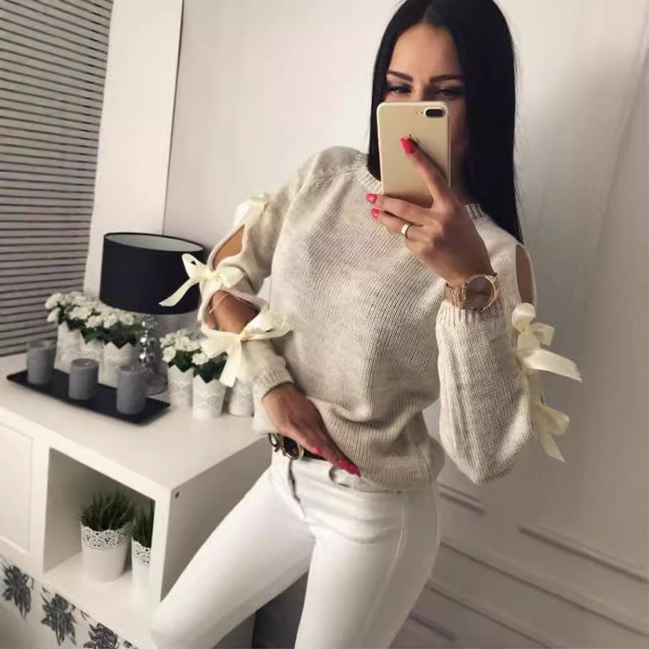 Damen Strickpullover mit offener Schulter und raffinierten Schleifendetails Merchesia