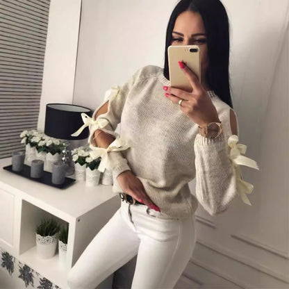 Damen Strickpullover mit offener Schulter und raffinierten Schleifendetails Merchesia