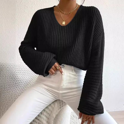 Damen lässiger Sweater mit weitem V-Ausschnitt und langen Ärmeln Merchesia
