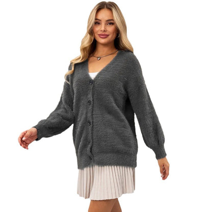 Damen Flauschiger Cardigan mit tiefem V-Ausschnitt und Knopfdetails Merchesia