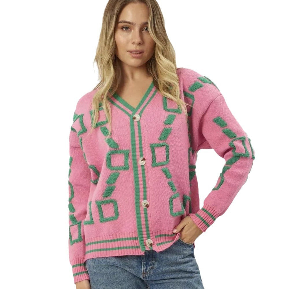 Damen Oversized Strickjacke mit großem geometrischen Muster und Knopfverschluss Merchesia