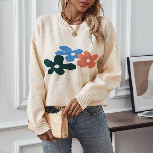 Damen lässiger Pullover mit floralen Motiven und Rundkragen Merchesia