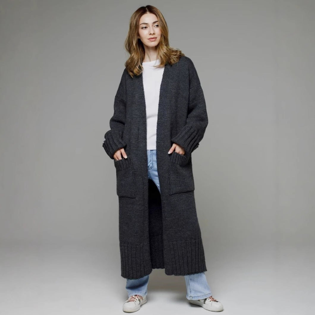 Damen Langer Strickmantel mit praktischen Taschen und strukturiertem Design Merchesia