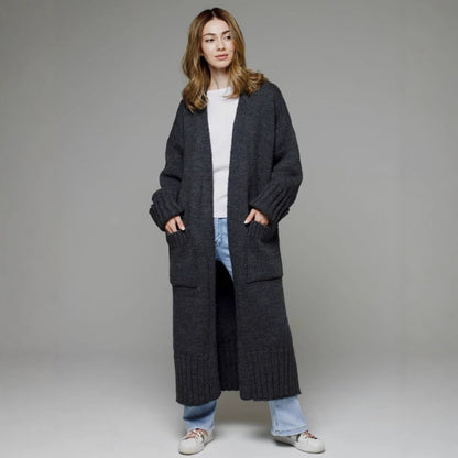 Damen Langer Strickmantel mit praktischen Taschen und strukturiertem Design Merchesia