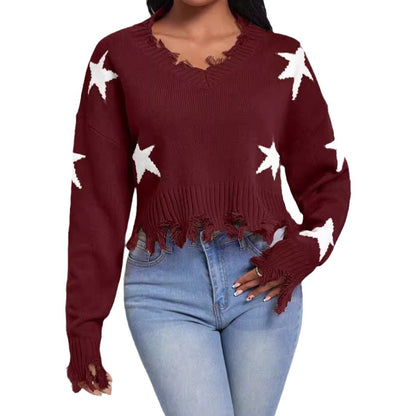 Damen modischer Sweatpullover mit Sternenmotiv und ausgefranstem Saum Merchesia