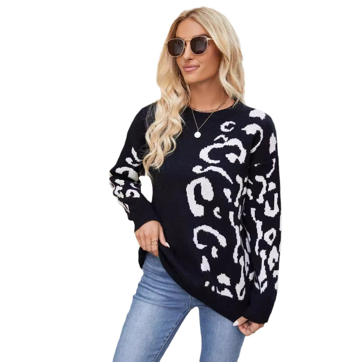 Damen modischer Strickpullover mit animalischem Muster und lockerer Passform Merchesia