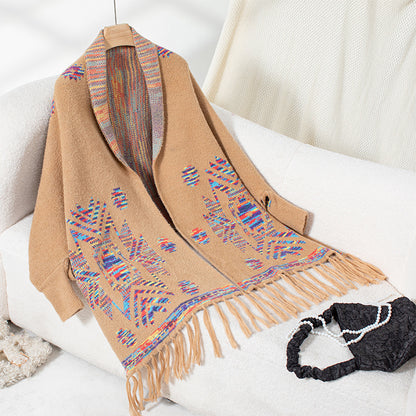 Damen Strickponcho mit buntem Navajo-Muster und fransigem Saum Merchesia