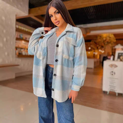 Damen Karierte overshirt mit weichem Fleece und Druckknopfverschluss Merchesia