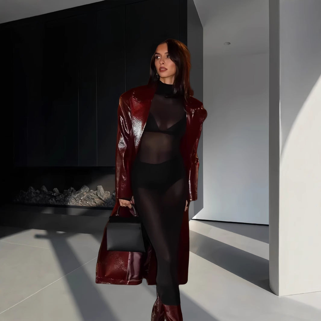 Damen Eleganter und figurbetonter Maxikleid mit transparenten Einsätzen Merchesia