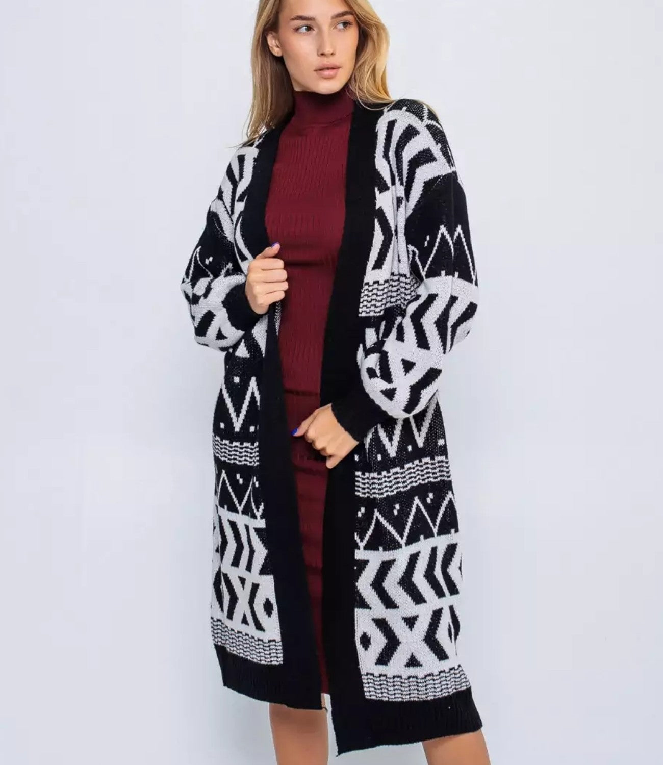 Damen Langer Strickcardigan mit geometrischem Muster und lässigem Schnitt Merchesia