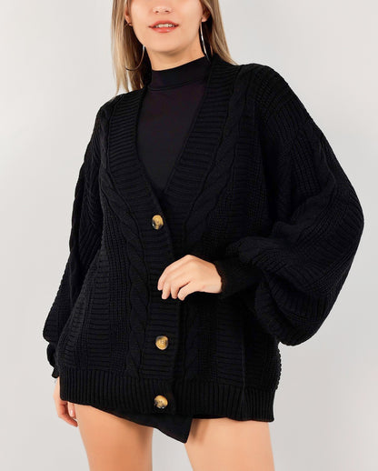 Damen Grobstrickjacke mit eleganter Knopfleiste und voluminösen Puffärmeln Merchesia