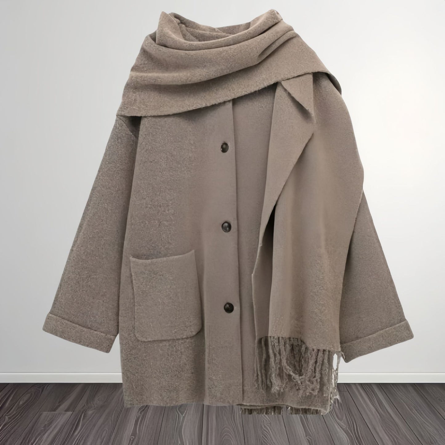 Damen elegante und warme Wickeljacke mit Schalkragen und Fransen Merchesia