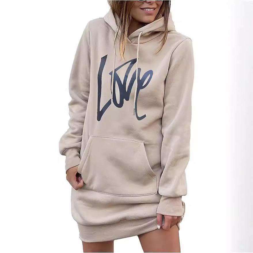 Damen Hoodie-Kleid mit Kängurutasche und auffälligem Schriftzug Merchesia