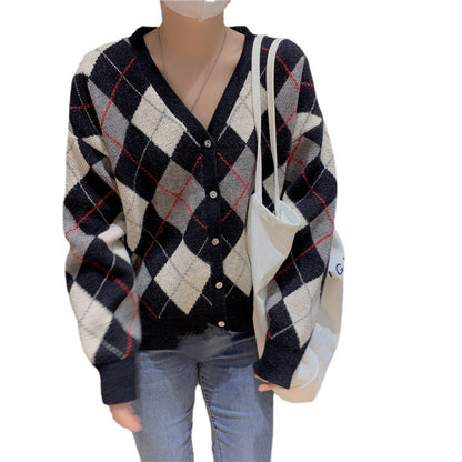 Damen Strickjacke mit modernem Rautenmuster und knöpfbarem Design Merchesia