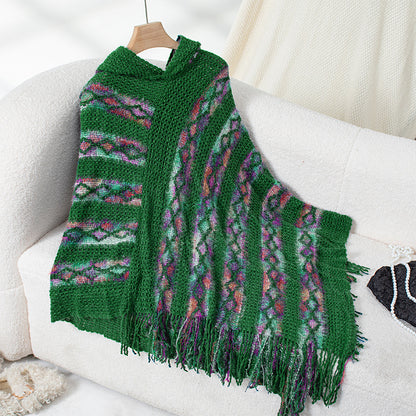 Damen Strickponcho mit Kapuze und fransigem Design Merchesia