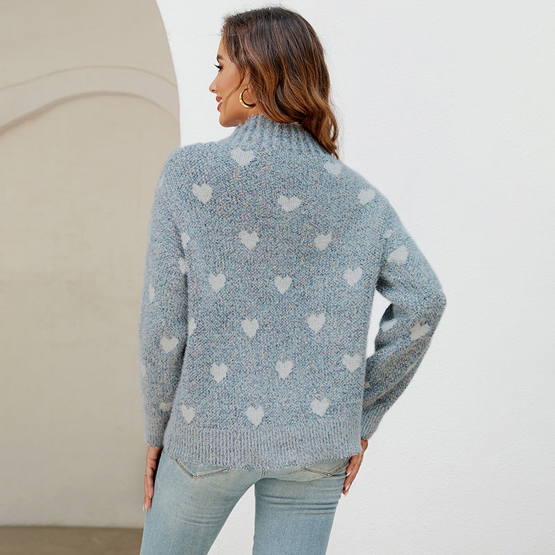 Damen modischer Strickpullover mit Herzmotiv und hohem Kragen Merchesia