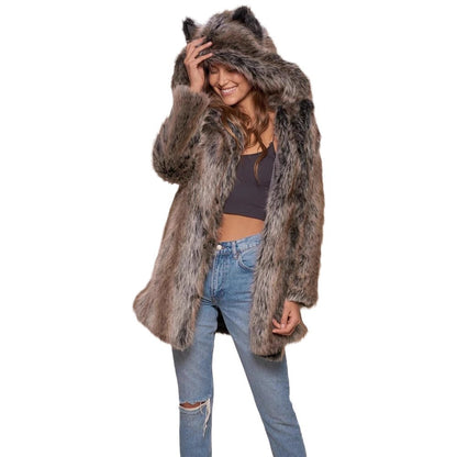 Damen Hooded Faux-Fur-Mantel mit Ohrenschützer Merchesia