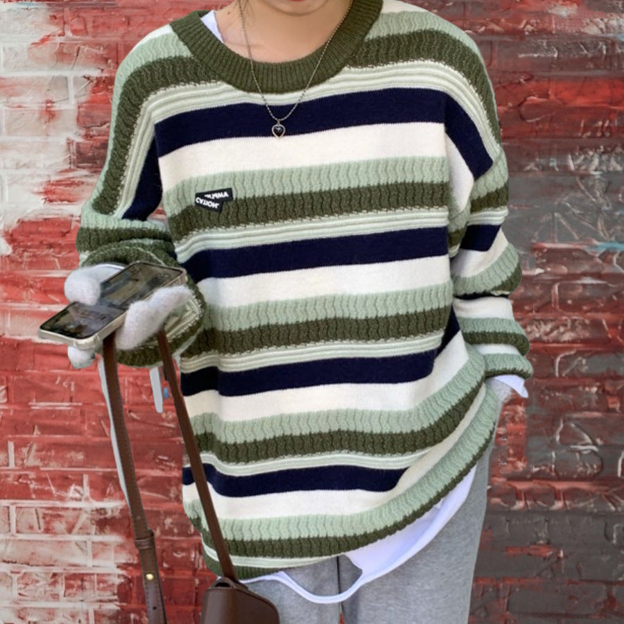 Damen lässiger Strickpullover mit raffiniertem Streifenmuster und voluminösen Ärmeln Merchesia