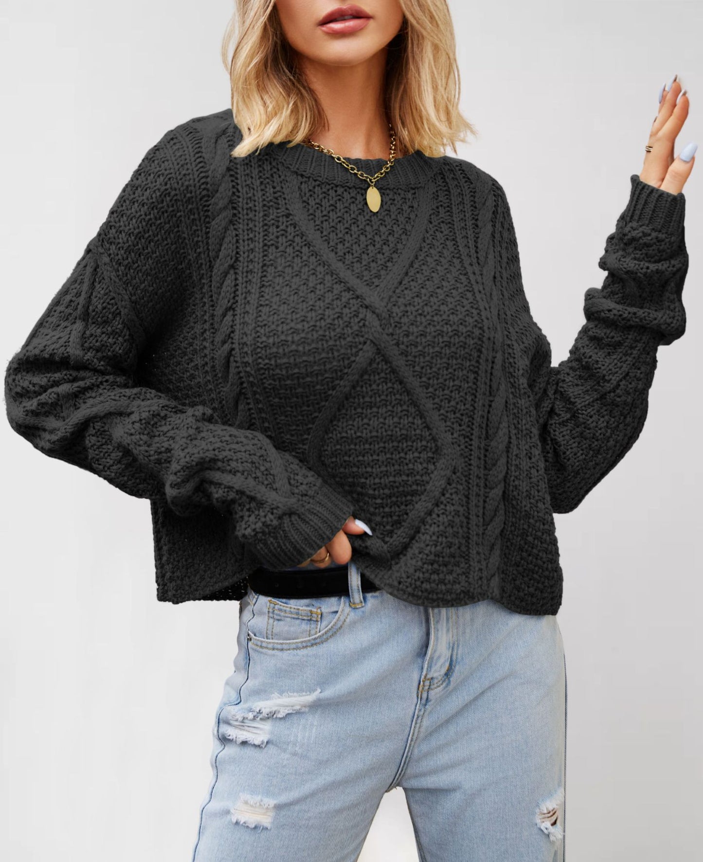 Damen Grobstrickpullover mit strukturiertem Zopfmuster Merchesia