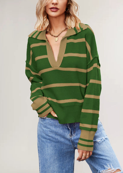 Damen lässiger Pullover mit V-Ausschnitt und gestreiftem Design Merchesia