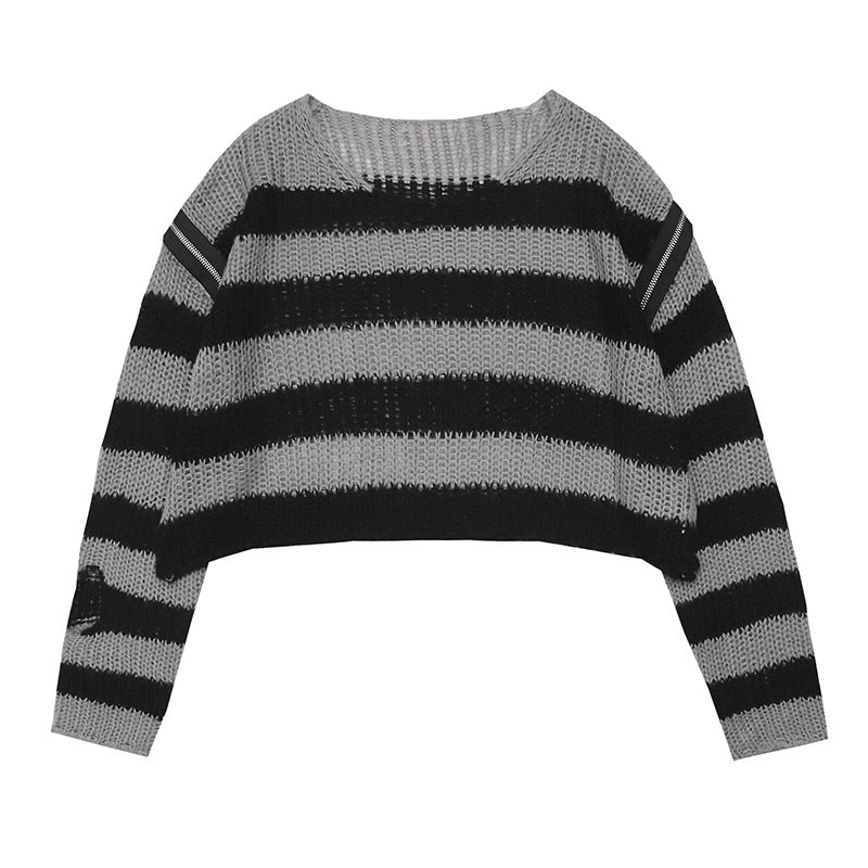 Damen lässiger Cropped Strickpullover mit Streifenmuster Merchesia