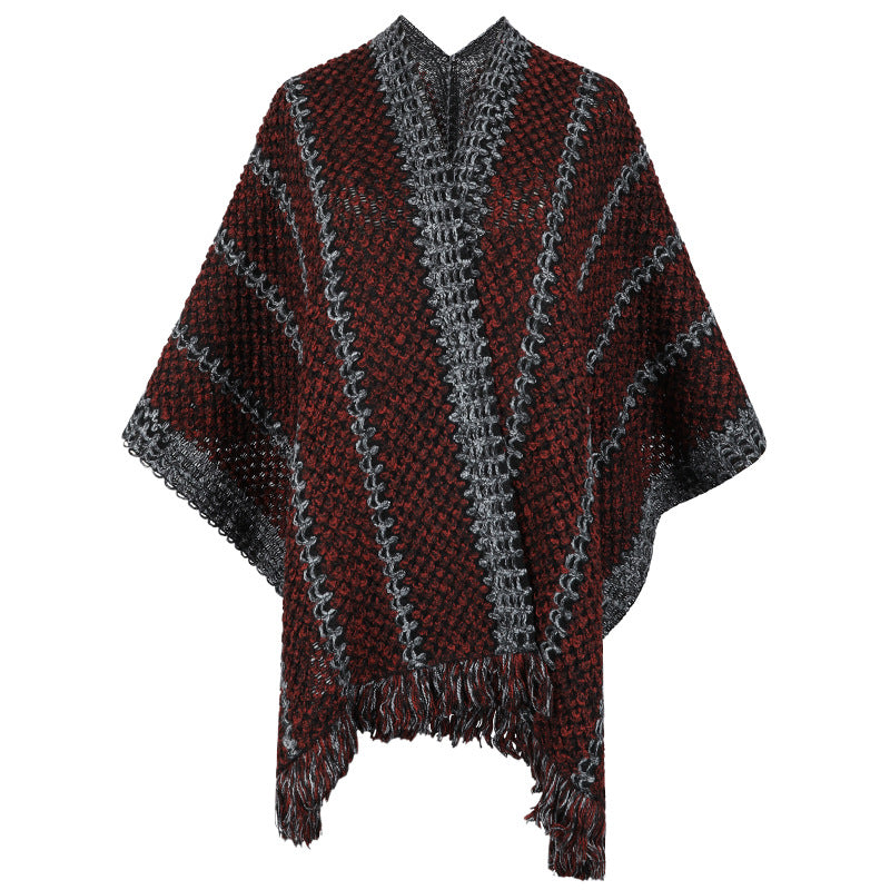 Damen Strickponcho mit V-Ausschnitt und Fransen Merchesia
