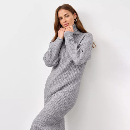 Damen Strickkleid mit hohem Kragen und Zopfmuster Merchesia