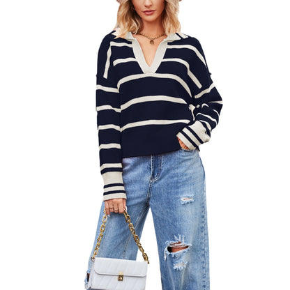 Damen lässiger Pullover mit V-Ausschnitt und gestreiftem Design Merchesia