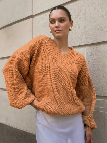 Damen lässiger Pullover mit V-Ausschnitt und voluminösen Ärmeln Merchesia