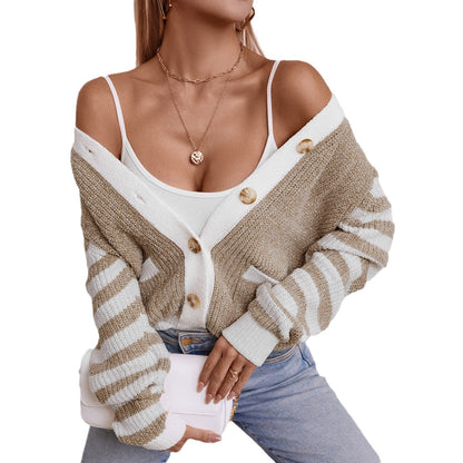 Damen modische Strickjacke mit dekorativem Rippenmuster und Streifen Merchesia