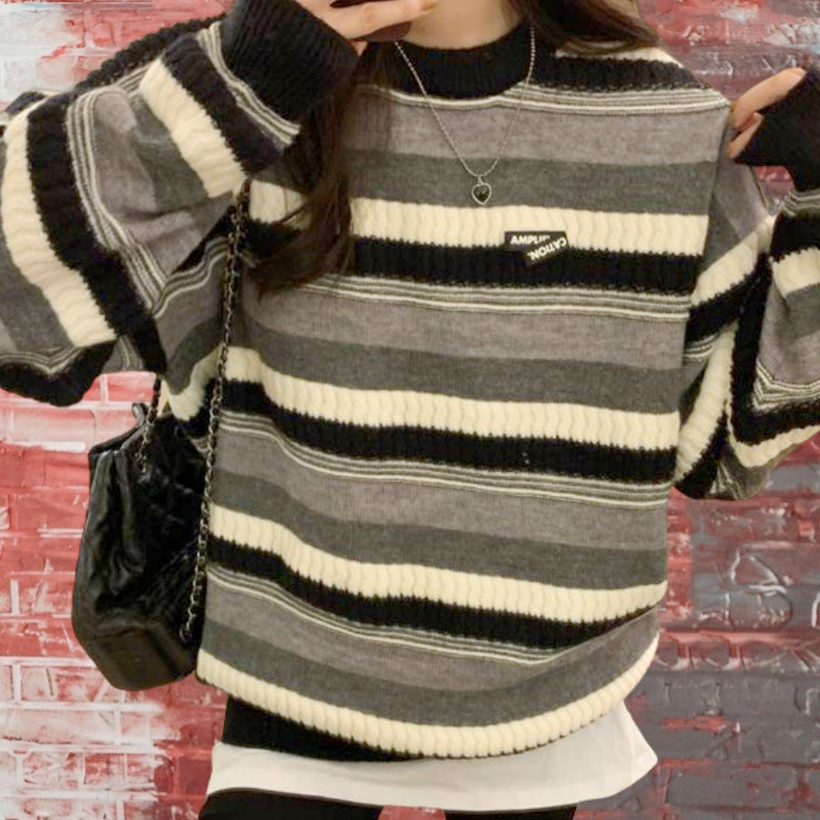 Damen lässiger Strickpullover mit raffiniertem Streifenmuster und voluminösen Ärmeln Merchesia