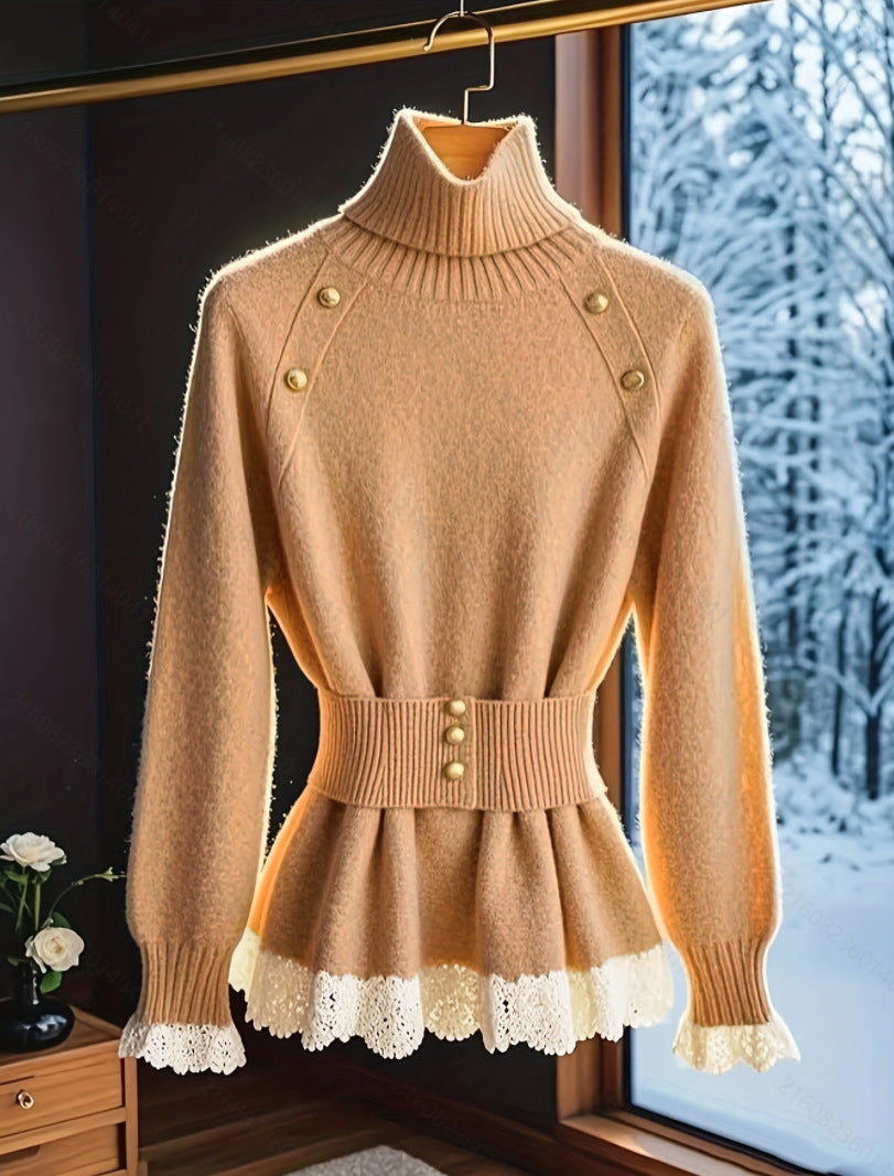 Damen eleganter Strickpullover mit hochgeschlossenem Kragen und dekorativen Knopfdetails Merchesia