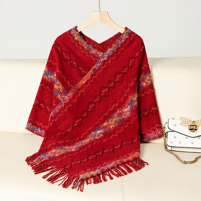 Damen modischer Wickelpullover mit fransigem Saum und einzigartigem Muster Merchesia