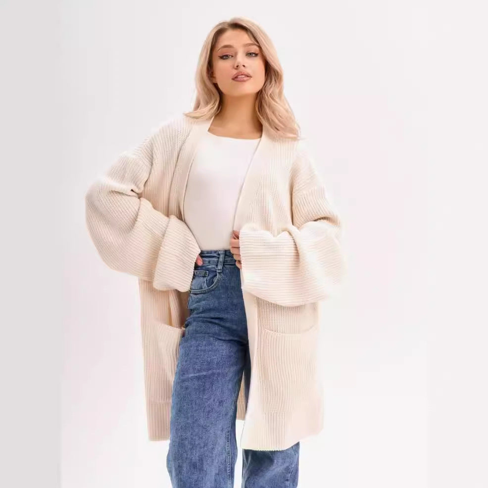 Damen Großer Strickcardigan mit voluminösen Ärmeln und praktischen Taschen Merchesia