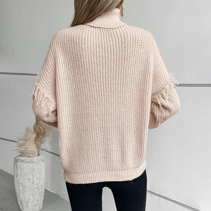 Damen Strickpullover mit hohem Kragen und Zopfmuster Merchesia