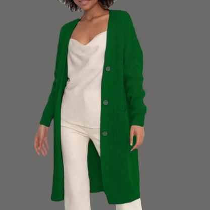 Damen Lange Strickjacke mit Knopfdetails und praktischen Taschen Merchesia