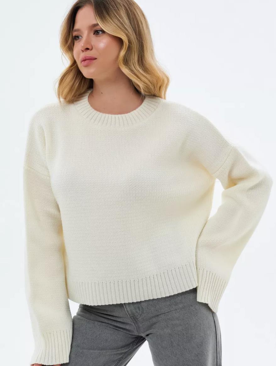 Damen gemütlicher Cropped-Pullover mit lässigen Ballonärmel und Rippstruktur Merchesia